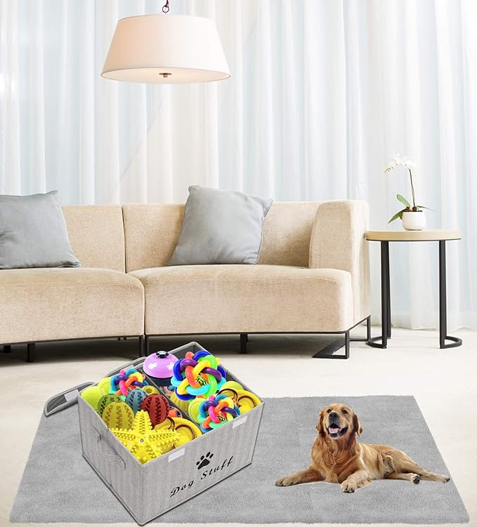 Geyecete Large Storage Boxes - Large Linen Fabric Foldable Storage Cubes Bin Box Containers with Lid and Handles for Dog Apparel & Accessories, Dog Toys, (Striped Gray)