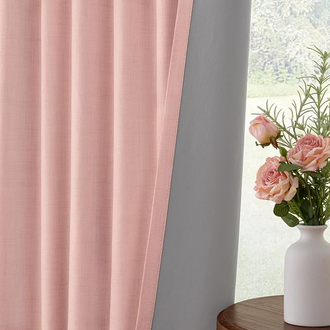 INOVADAY 100% Blackout Curtains for Bedroom, Black Out Curtains 96 Inch Long, Clip Rings Linen Blackout Drapes, Thermal Insulated Room Darkening for Living Room, 1 Panel - Blush Pink,W102xL96