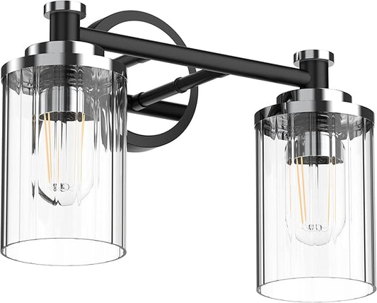 Bathroom Lighting Fixtures Black and Chrome Bathroom Vanity Light with Cylindrical Clear Stripes Glass Lampshade E26 Socket Base Bathroom Lighting Fixtures Over Mirror (2 Lights)