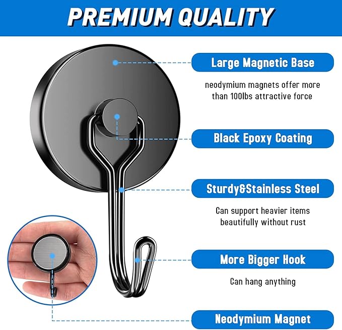 Grtard 110LBS Strong Magnetic Hooks, 6 Pack Swivel Swing Magnetic Hooks Heavy Duty, Black Neodymium Magnet Hooks for Cruise Cabin, Magnets with Hooks for Refrigerator, Grill, Classroom, Garage