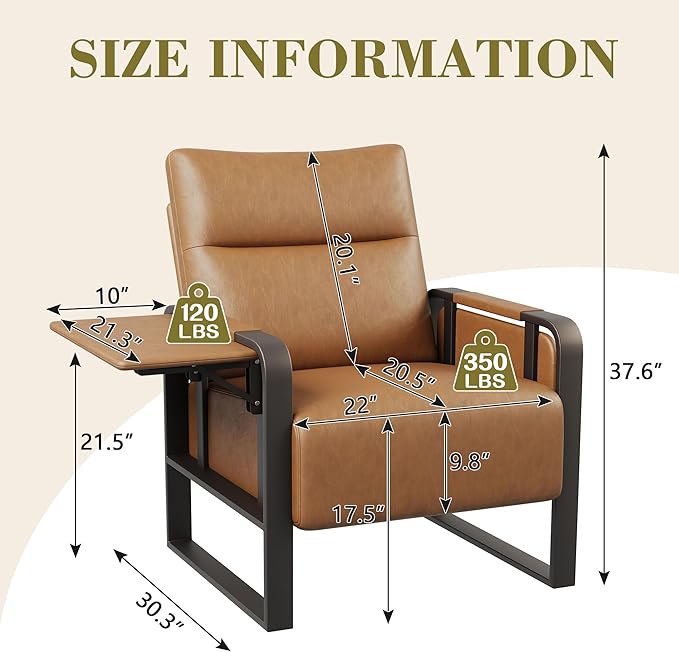 Modern Brown Accent Chair PU Leather Upholstered Armchair with Tray Table for Bedroom Living Room Chairs Office Chair