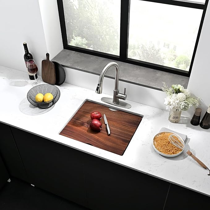 Undermount Kitchen Sink, 21 x 19 Inch Sink Kitchen 16 Gauge Stainless Steel Kitchen Sinks Single Bowl Workstation Sink with Cutting Board