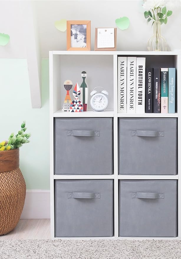 Storage Cubes, 11 Inch Cube Storage Bins, Set of 4, Fabric Foldable Storage Bins With Handles, Closet Storage Organizer Bins, Cubby Clothing Storage Baskets for Shelves, Gray