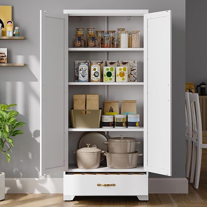 DWVO 62" Pantry Cabinet with Doors and Shelves, Metal Kitchen Storage Cabinet with Magnetic Door & Adjustable Shelves, Farmhouse Tall Cabinet for Dining Room, Kitchen, White