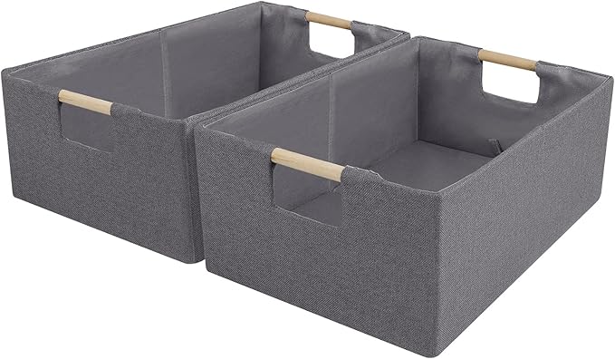 ANMINY 4PCS Storage Baskets for Organizing Collapsible Fabric Storage Bins Boxes with Wood Handles Closet Shelves Cube Organizer Bins Clothes Laundry Storage Container - Large, Gray