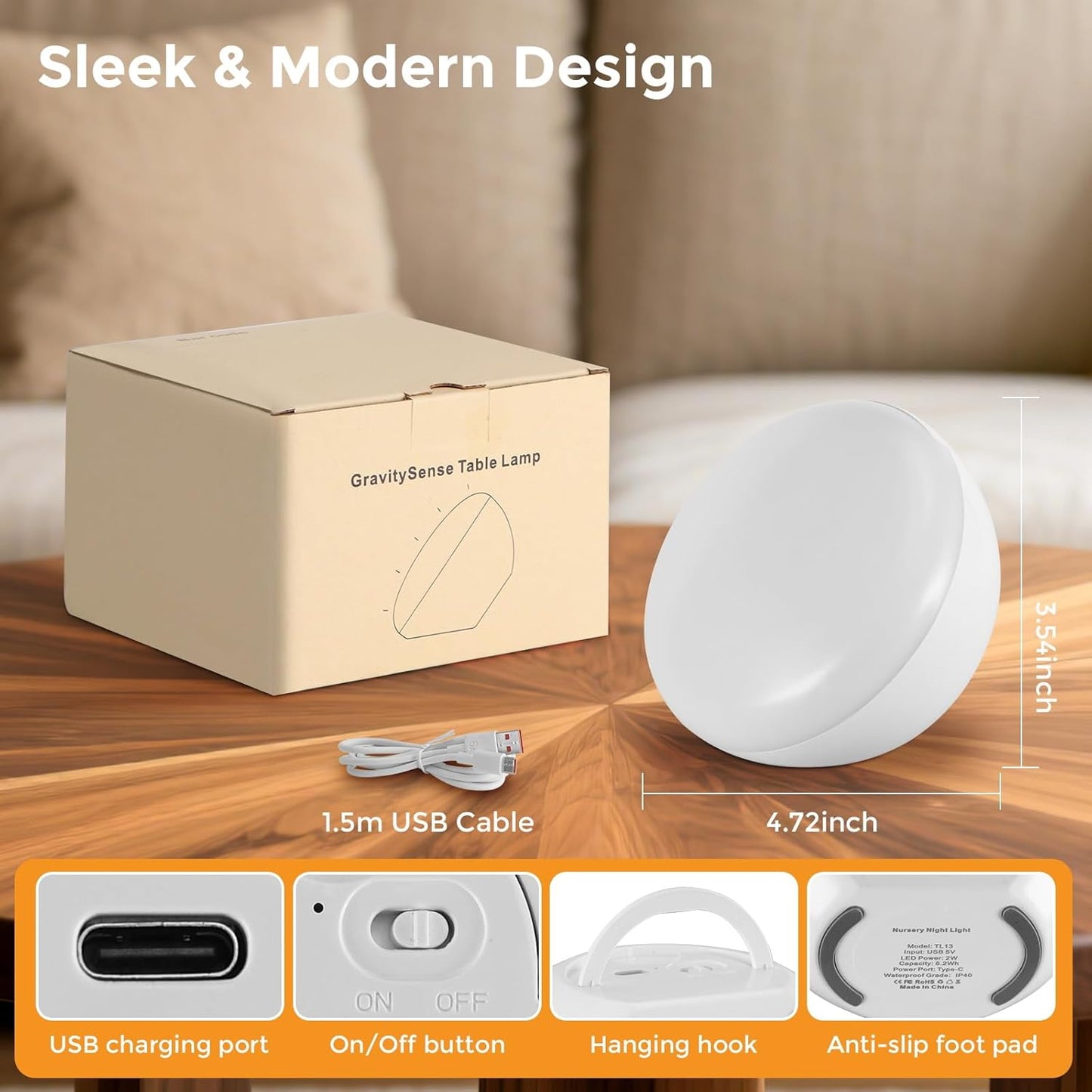 Cordless Bedside Table Lamp with Gravity Sensor