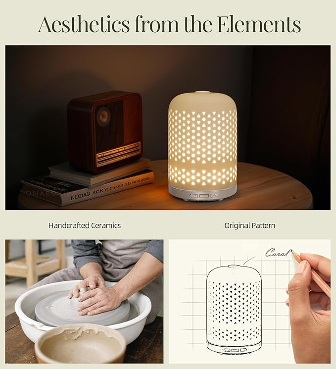 Essential Oil Diffuser - 2.4MHz Ultrasonic Ceramic Diffuser for Home, 120ml, Pulse&Continuous Mist, Bright/Dim/Breathing Lighting, Waterless Auto-Off, Aromatherapy Diffuser with USB Cable