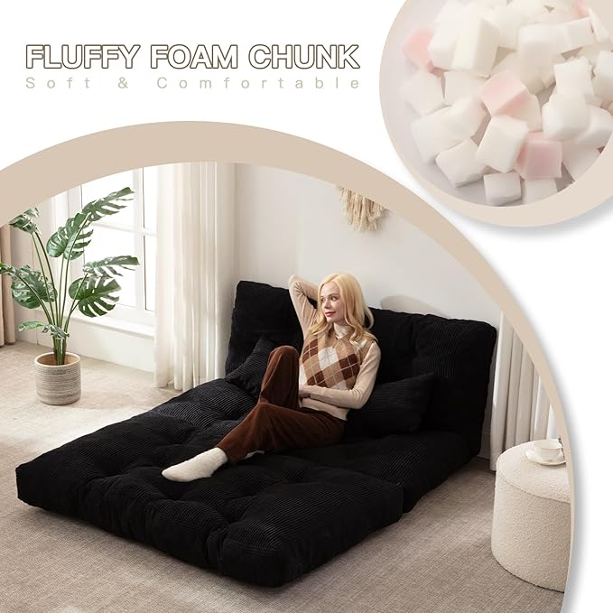 Folding Sofa Bed, Convertible Sleeper Chair with Pillow Foldable Mattress with Back Support, Portable Fold Out Chair Bed Comfy Floor Sofa Lounge for Living Room Bedroom, Black Full 80x54 Inch