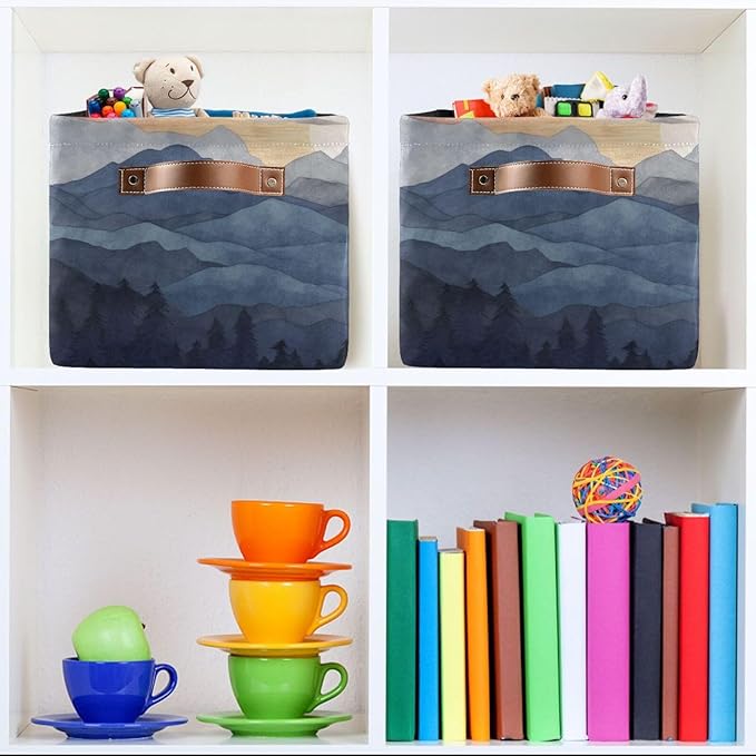 Storage Basket Nature Mountain Rectangular Collapsible Canvas Shelves Storage Bins with Leather Handles for Shelves Home Closet Bedroom Living Room, 1Pack