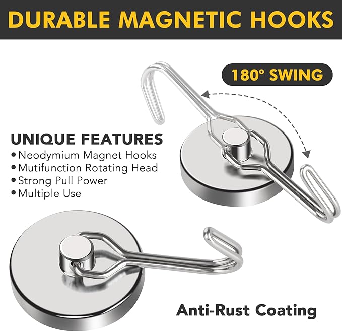 MIKEDE Strong Magnetic Hooks, 120LB Swivel Hooks Cruise, Neodymium Magnet Heavy Duty for Hanging, Grill, Cruise Cabins, Refrigerator, Kitchen, Locker - Pack of 12