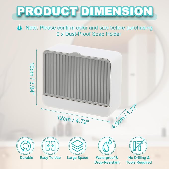uxcell 2 Pack Dust-Proof Soap Holder, Wall Mounted Soap Dish for Shower Wall No-Drill Adhesive Shower Bar Soap Holder for Bathroom(Gray, 4.72 x 3.94 Inches)