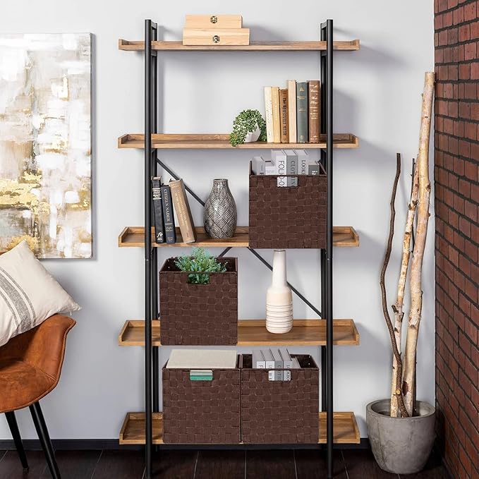 2-Pack Collapsible Ribbon Woven Storage Bins with Metal Structure, Shelf Basket, Pantry Organizer, Home Decorative Utility Cubes (11 x 11 x 11 in, Brown)