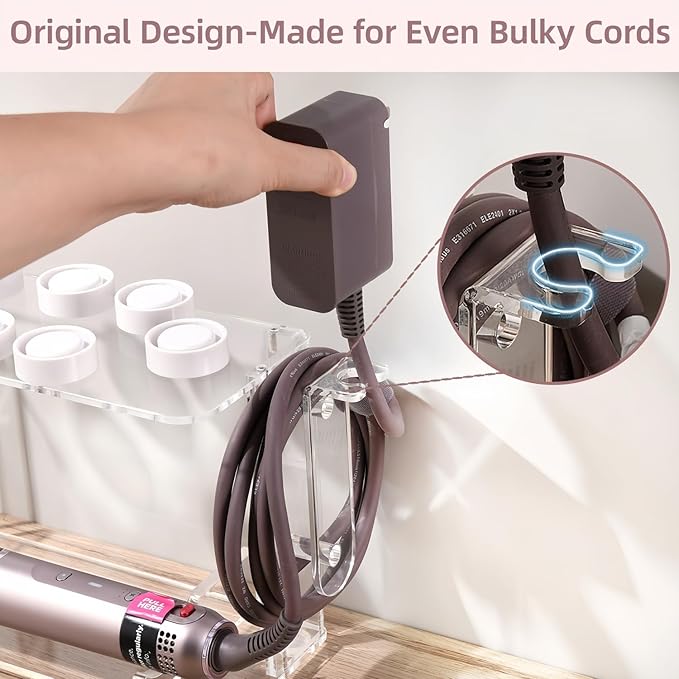 Dyson Airwrap Holder, Dyson Airwrap Wall Mount Clear Acrylic Organizer, Shark Hair Dryer Holder Stand with 8 Slots Cord Hook, Heat-Resistant Storage for Bathroom/Vanity UEMUSI