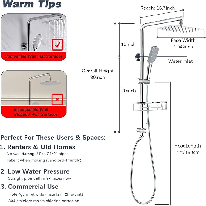 Rain Shower System with Shelf, 12 Inch Rain Shower Head Set with Hand Shower Head, SonTiy Dual Shower Combo with Height Adjustable Holder, Brass Valve, Chrome