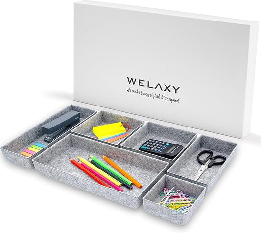 Welaxy Deluxe drawer organizers multi-purpose storage box junk bins for office home bathroom nightstand holder quiet luxury gift idea 6-piece Style A (Gray)