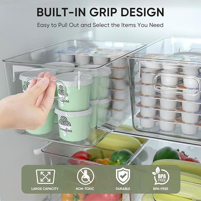 BALEINE Clear Plastic Storage Bins, Pantry Organization, BPA Free Stackable Refrigerator Organizers and Storage with Handles for Kitchen Fridge Cabinet Bathroom (6PK, 10.5x6x5)