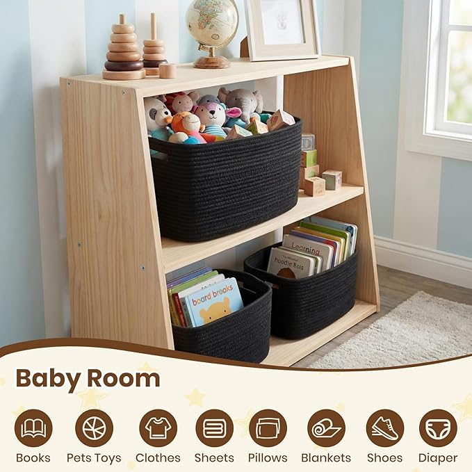 Storage Baskets for Organizing, 14 x 10 x 9” Closet Shelf Woven Baskets, Square Bins with Handles, Cotton Rope Basket for Toys, Clothes, Office, Room, Black 3 Pack
