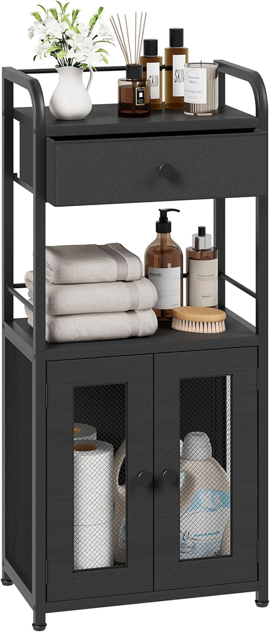 SWTYMIKI 14.57"x32.28" Bathroom Storage Cabinet – Freestanding Toilet Paper Storage with Doors & Drawer, Bathroom Organizers and Storage for Small Spaces, Laundry Room, Ideal for Towels, Black