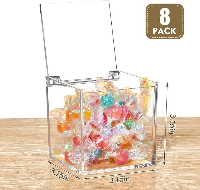 Blulu 8 Pcs Clear Acrylic Box with Lid Plastic Jewelry Mini Storage Box Mini Cube Containers for Candy and Tiny Jewelry Easter Party Favor(3.15 x 3.15 x 3.15 Inch,Flip Style)