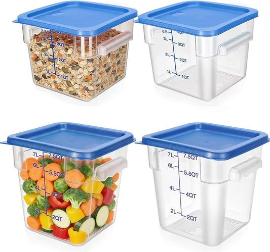 Lallisa 4 Pcs 8qt & 4qt Clear Food Storage Containers with Lids Handles and Scales, Stackable Plastic Square Food Storage Containers for Dough Proofing Baking Kitchen Restaurant(Blue)