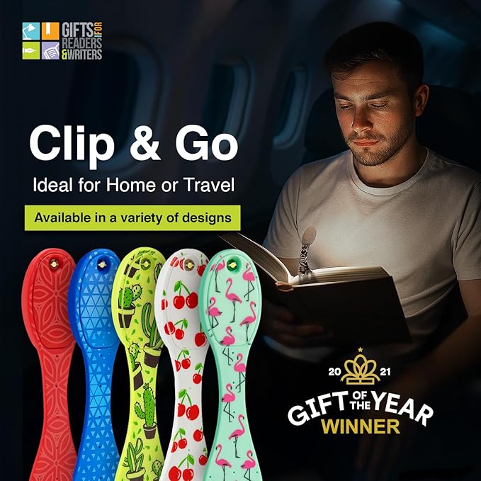 Gifts for Readers & Writers Book Light, Clip On Reading Light for Bed, 2in1 Flexilight & Bookmark, Small & Lightweight with a Soft Glow, 2 Batteries Included, Light Poo