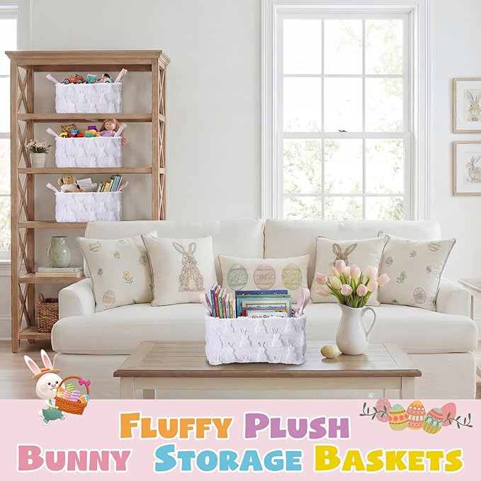 3 Pcs Storage Baskets 14x10 Inch Foldable Fabric Storage Bin with Handle Decorative Closet Bins Organizer for Home Office Laundry Countertop Tabletop Car(Bunny)