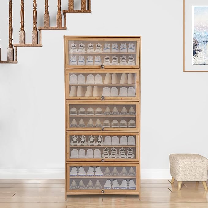 Tall Bamboo Shoe Cabinet with Doors, 10 Tier Large Capacity Shoe Rack Organizer, Narrow Freestanding Storage Shelf for Entryway, Hallway & Closet, Holds 40-45 Pairs (Brown)