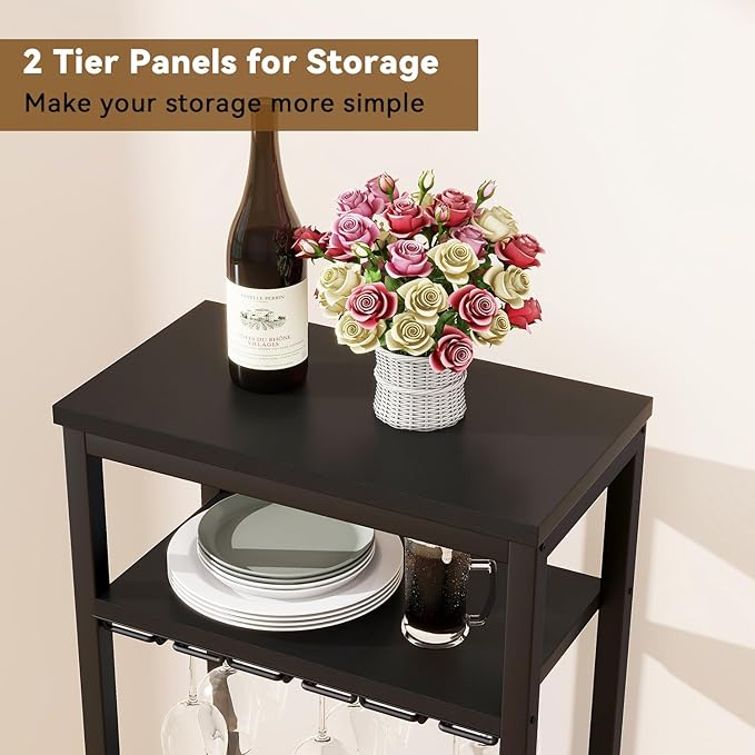 IBUYKE Wine Racks Freestanding Floor,Liquor Bottle Holder,16 Bottles Wine Cabinet with Glass Holder,Wine Holder Display,Mini Wine Bar Table for Living Room,Kitchen Pantry,Dining Room,Black UTMJ907B