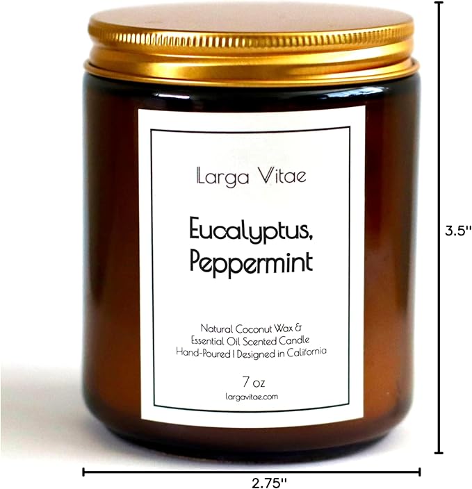 Eucalyptus, Peppermint Coconut Wax Candle Non Toxic Aromatherapy Candle with Essential & Prime Rated Natural Fragrance Oils, Clean Burning Amber Jar Candle, 7 oz Small Batched