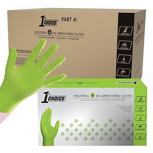 1st Choice 6 mil Green Gloves, Disposable, Latex Free, Raised Diamond Grip, Mechanic Glove for Men, Large, Case of 1000