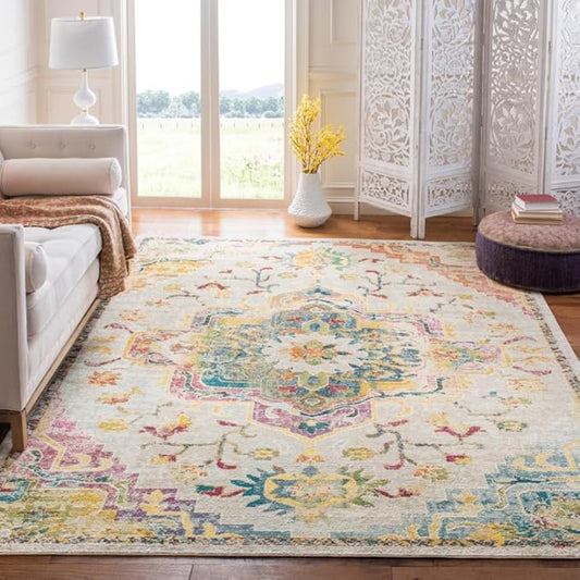 SAFAVIEH Crystal Collection X-Large Area Rug - 11' x 16', Light Blue & Grey, Medallion Distressed Design, Non-Shedding & Easy Care, Ideal for High Traffic Areas in Living Room, Bedroom (CRS501M)