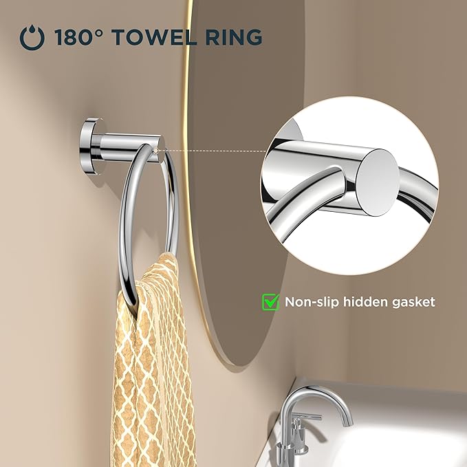 FORIOUS 4 Piece Bathroom Accessories, SUS304 Stainless Steel Toilet Paper Holder, Towel Ring and 2 Towel Hooks, Wall Mounted Bathroom Hardware Set (Chrome)