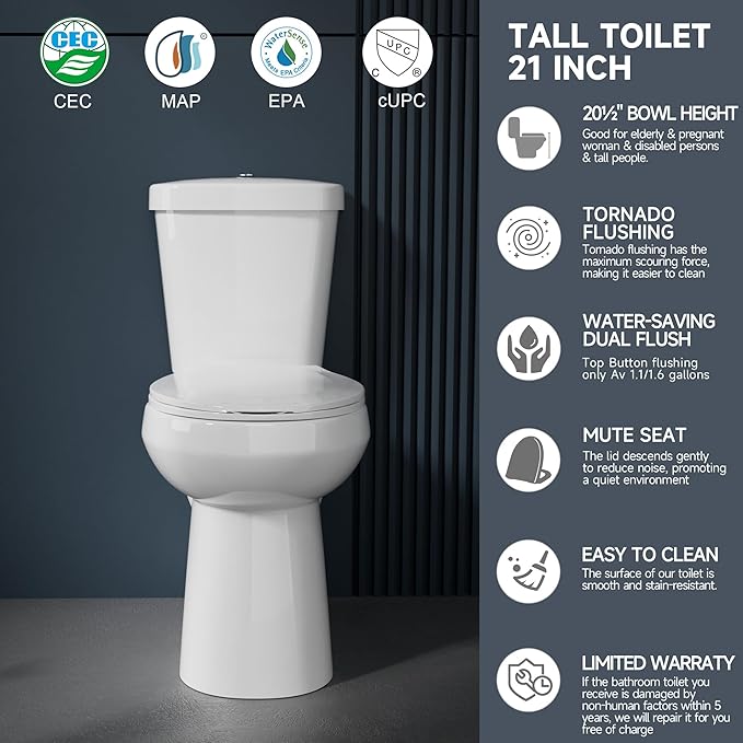 Compact Extra Tall Toilet 21 Inch for Seniors 1.1/1.6 GPF Tornado Dual Flush - Two Piece Comfort High Toilet for Bathroom, 20.5 Inch Bowl Height, 21.25 Inch Seat Height, 12" Rough In, White