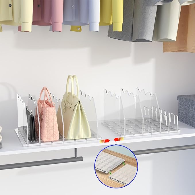 purse organizer for closet Sleek Transparent Acrylic Adjustable Organizer -shelf dividers Multifunctional for Home & Office Spaces (4 Baffles + 1 Hat Stand)