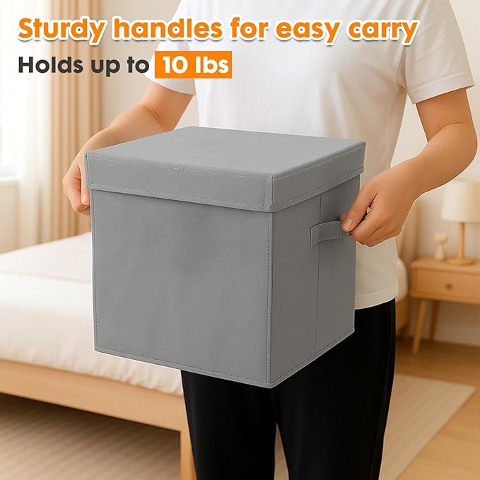 ShellKingdom Storage Bins, Foldable Fabric Storage Cubes with Lid, Clothes Storage Organizer Drawer For Closet Toys Storage, 10.5 X 10.5 X 11 INCH, 2 Pack (Grey)