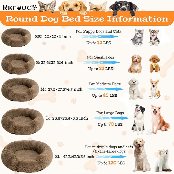 Fluffy Dog Bed Calming Donut Beds for Large Dogs Warming Round Small Medium Pet Nest Cozy Cat Mattress Indoor Washable Puppy Kennel Kittens Sleep Mat (S, 23.6×23.6 inch, Light Brown)
