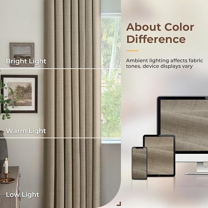 INOVADAY 100% Blackout Curtains for Bedroom, Black Out Curtains 102 Inch Long, Clip Rings Linen Blackout Drapes, Thermal Insulated Room Darkening for Living Room, 2 Panels - Earthy Beige,W50xL102