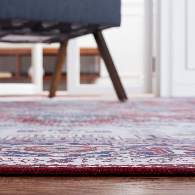 SAFAVIEH Washable Rug Tucson Collection - 9' x 12', Red & Navy, Slip Resistant & Easy to Clean, Ideal for Living Room, Bedroom, Dining Space (TSN101S)