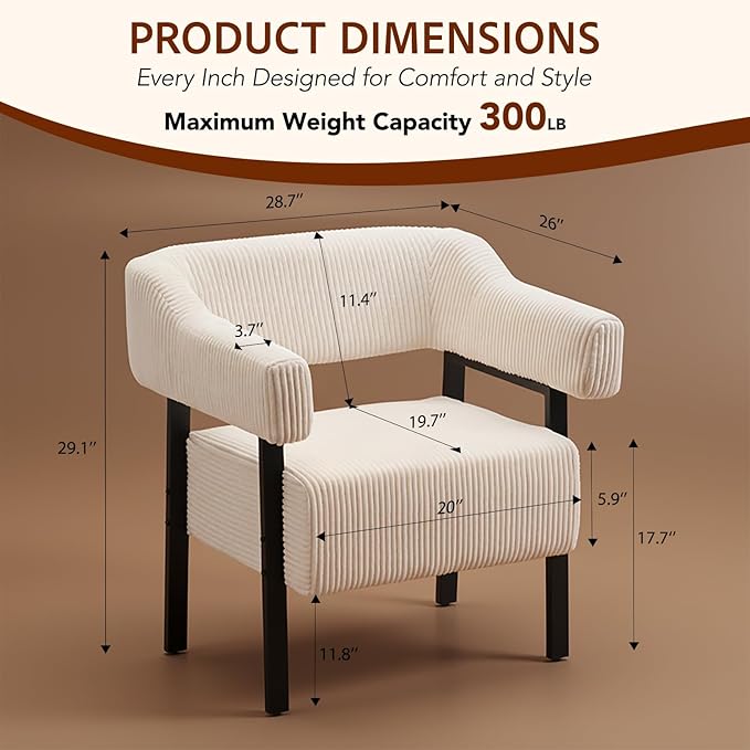 Premium White Corduroy Accent Chair - High-Back Upholstered Armchair with White Legs