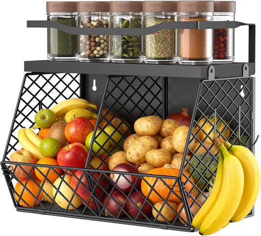 3-in-1 Magnetic Fruit & Vegetable Basket with Spice Rack Shelf for Fridge - Wall Mount Countertop Kitchen Wire Storage Organizer for Produce Potato Onion, Kitchen Essentials and Decor, Black