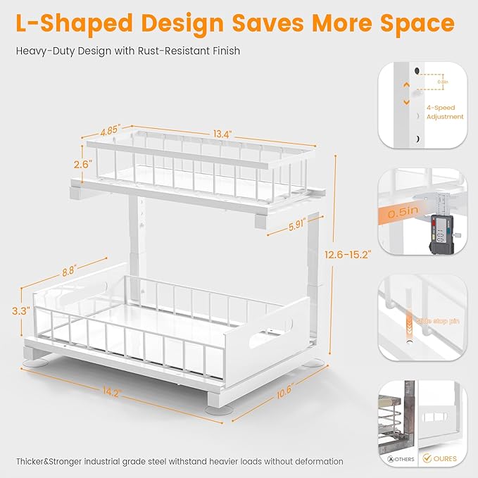 Under Sink Organizer, Heavy Duty Metal Pull Out Cabinet Organizer Slide Out Sink Shelf Organizer Height Adjustable, Multi-Purpose Storage Shelf for Kitchen Bathroom (White,1Pack)
