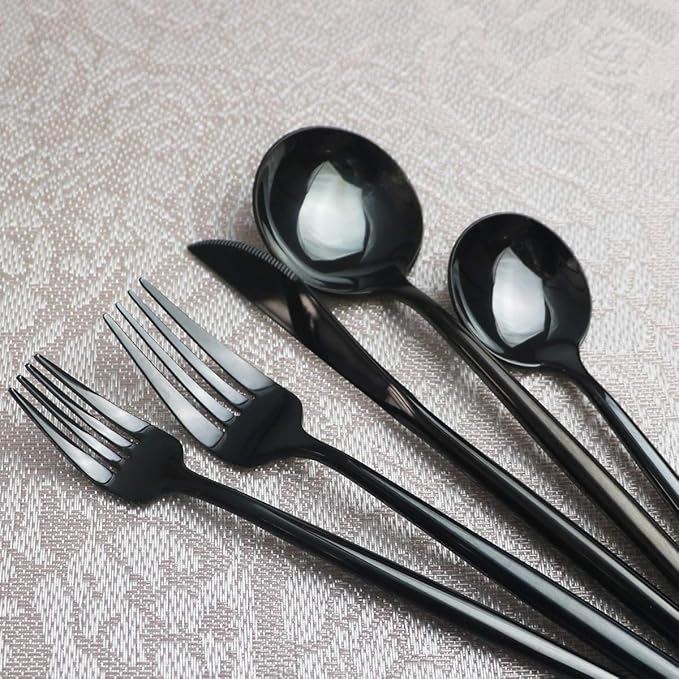 Gugrida Portable Silverware Set - 5-Piece Flatware Cutlery Set - 18/10 Stainless Steel - Mirror Polishing Black - Travel Elegant Modern Utensils - Service for 1 Include Steak Knife Dinner Fork Spoon