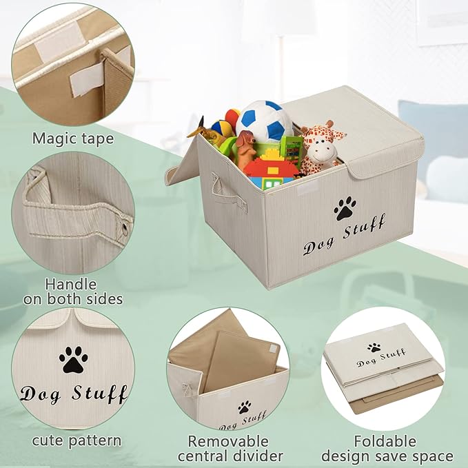 Geyecete Large Storage Boxes - Large Linen Fabric Foldable Storage Cubes Bin Box Containers with Lid and Handles for Dog Apparel & Accessories, Dog Toys(BambooiBeige)