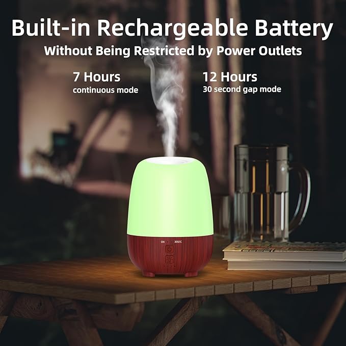Cordless Essential Oil Diffuser, 150ml Rechargeable Battery-Operated Quiet Aromatherapy Diffuser with 7-Hour Runtime, 7-Color LED Light & 2 Timer Settings for Bedroom, Living Room, Bathroom