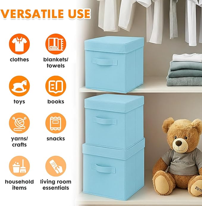 ShellKingdom Storage Bins, Foldable Fabric Storage Cubes with Lid, Clothes Storage Organizer Drawer For Closet Toys Storage, 10.5 X 10.5 X 11 INCH, 2 Pack (Light Blue)