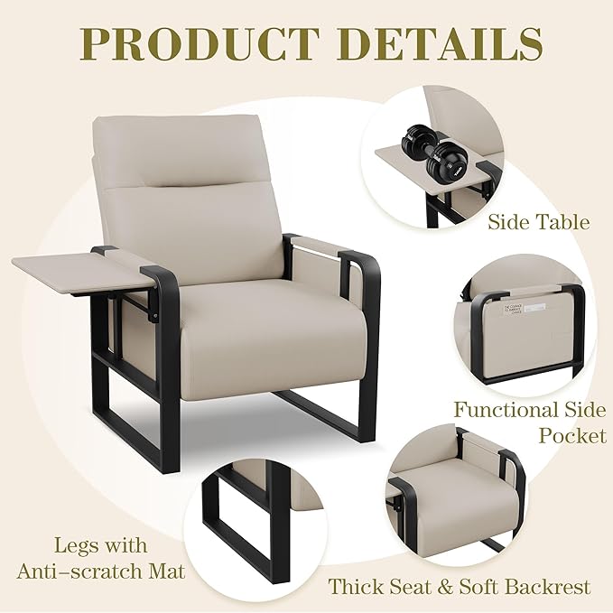 Modern PU Leather Accent Chairs Set of 2 Upholstered Armchairs with Tray Table Leisure Side Chairs for Living Room Bedroom Office Beige