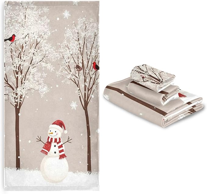 Winter Snowman Bird Tree Snow Towels Set of 3 Snowflakes Peach Christmas Bathroom Towel Soft Absorbent Bath Hand Towels Washcloth Guest Towel Sets Rustic Farmhouse Xmas Holiday Decor