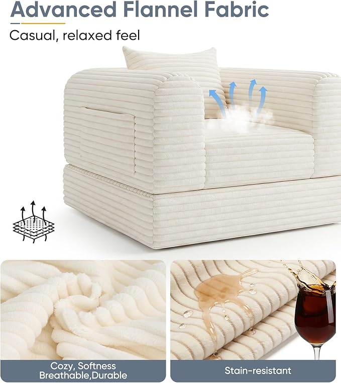 57“ Loveseat Folding Sofa Small Couches Armchair Convertible Chaise Longue Versatile 2 in 1 for Small Spaces, Couch Mid Century Love Seat Couches for Bedroom, Apartment, 2-Seater, Beige