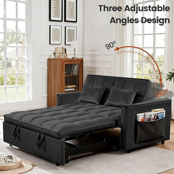 3 in 1 Convertible Sofa Bed, Love Seat Sleeper Bed with Side Pockets, Velvet Fabric Pull Out Couch with Adjustable Backrest for Living Room, Bedroom, Apartment, Black