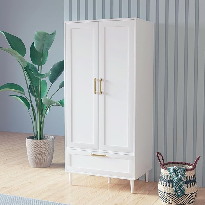 Bedroom Armoire Wardrobe Closet with Hanging Rod,60" 2 Door Almirah for Clothes with Drawers,Morden Storage Cabinet,White